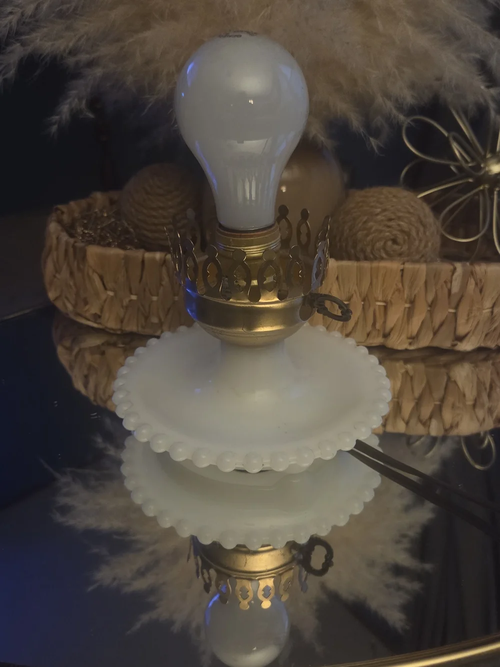 Vintage 70s Hand Painted Milk Glass Electric Hurricane Table | Boudoir Lamp